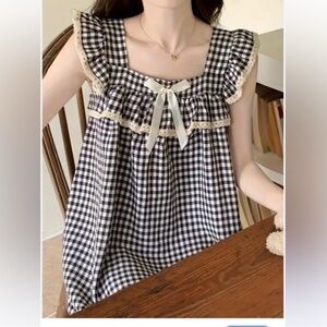 Black and White Gingham Check Cottage Core Lace Ruffle Midi House Dress